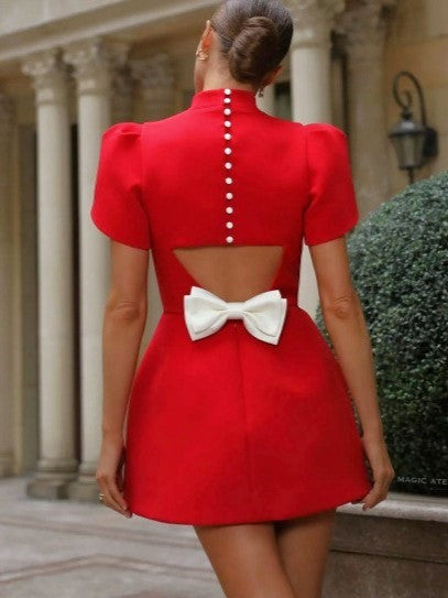 Satin Puff Sleeve Backless Bow Mini Dress - Red