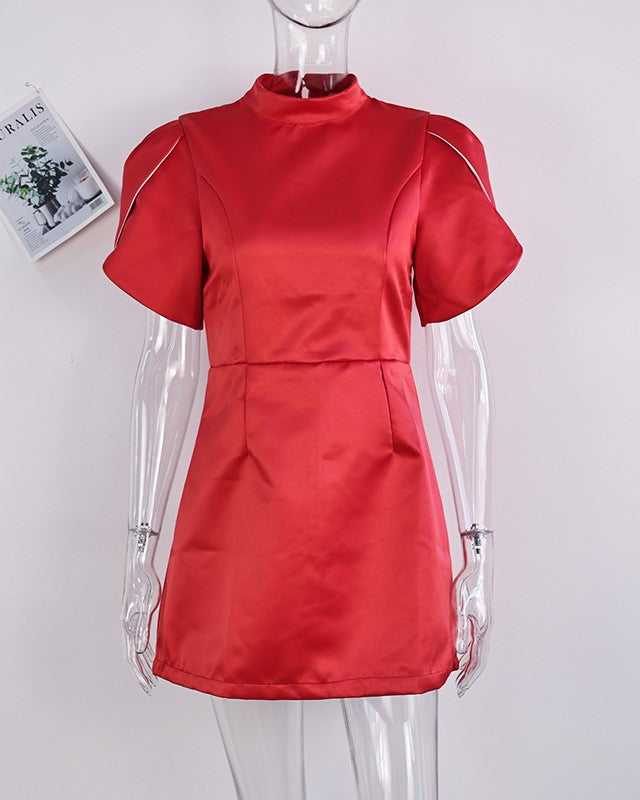 Satin Puff Sleeve Backless Bow Mini Dress - Red - 1