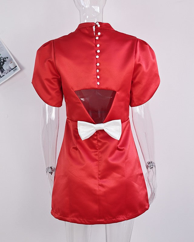 Satin Puff Sleeve Backless Bow Mini Dress - Red - 2