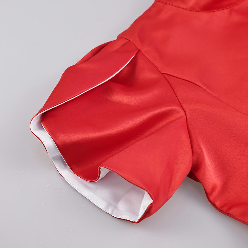 Satin Puff Sleeve Backless Bow Mini Dress - Red - 3