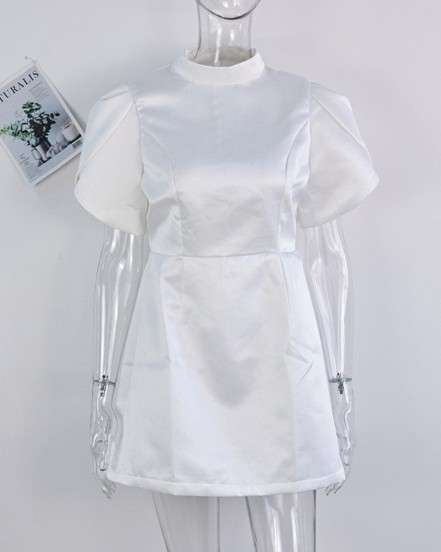 Satin Puff Sleeve Backless Bow Mini Dress - White