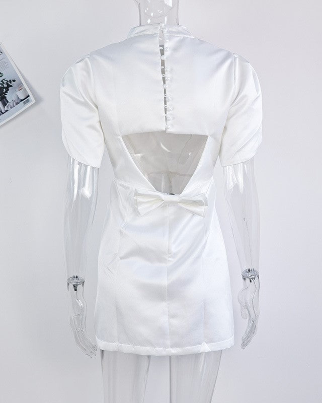 Satin Puff Sleeve Backless Bow Mini Dress - White - 1