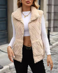 Diamond Stitch Plush Sleeveless Zip Vest - Apricot