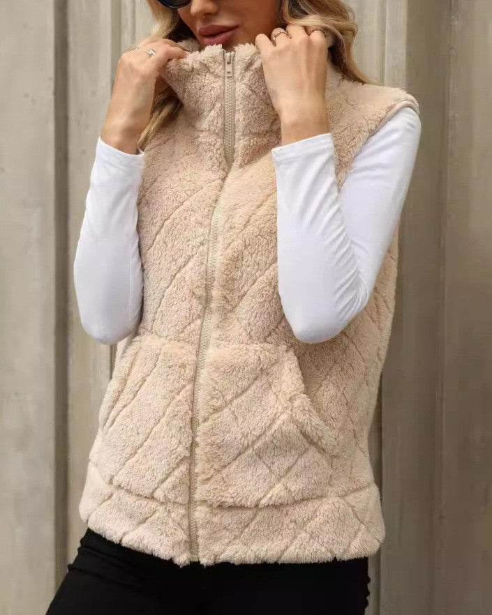 Diamond Stitch Plush Sleeveless Zip Vest - Apricot - 2
