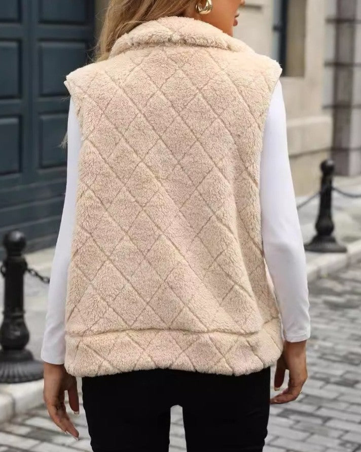 Diamond Stitch Plush Sleeveless Zip Vest - Apricot - 3