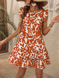 Abstract Leaf Print Ruffle Hem Mini Dress - Orange