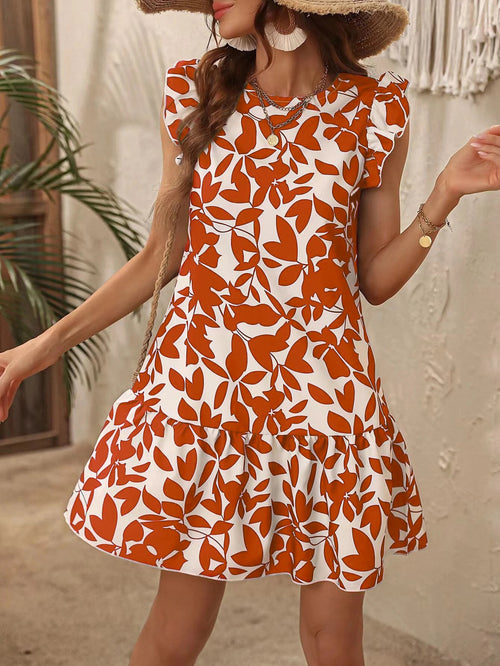 Abstract Leaf Print Ruffle Hem Mini Dress - Orange