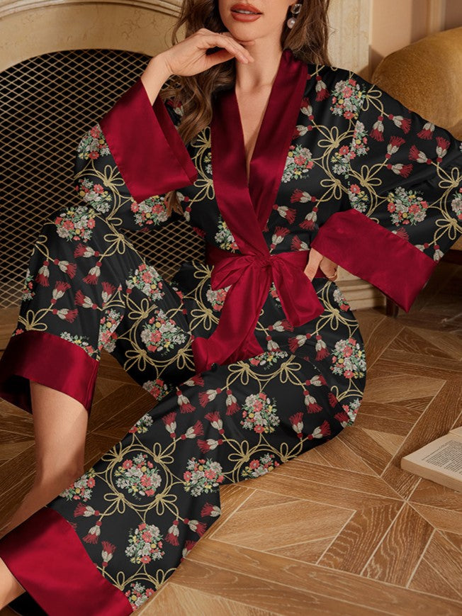 Vintage Floral Satin Pajama Trouser Set - Black - 1