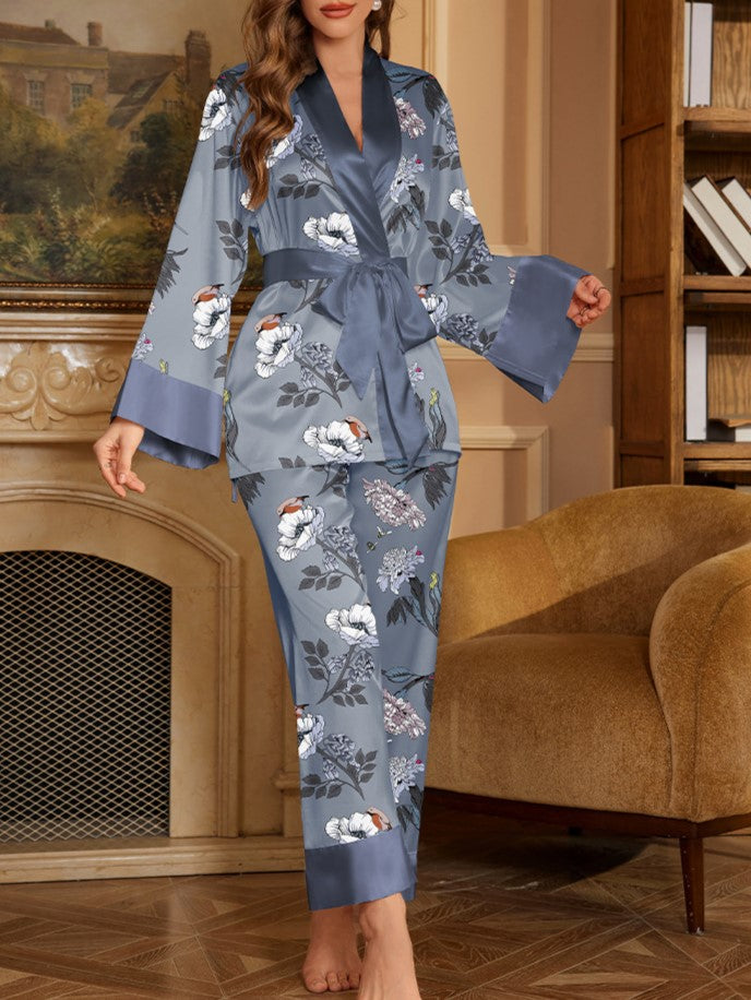 Vintage Floral Satin Pajama Trouser Set - Blue - 1