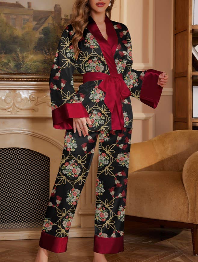 Vintage Floral Satin Pajama Trouser Set