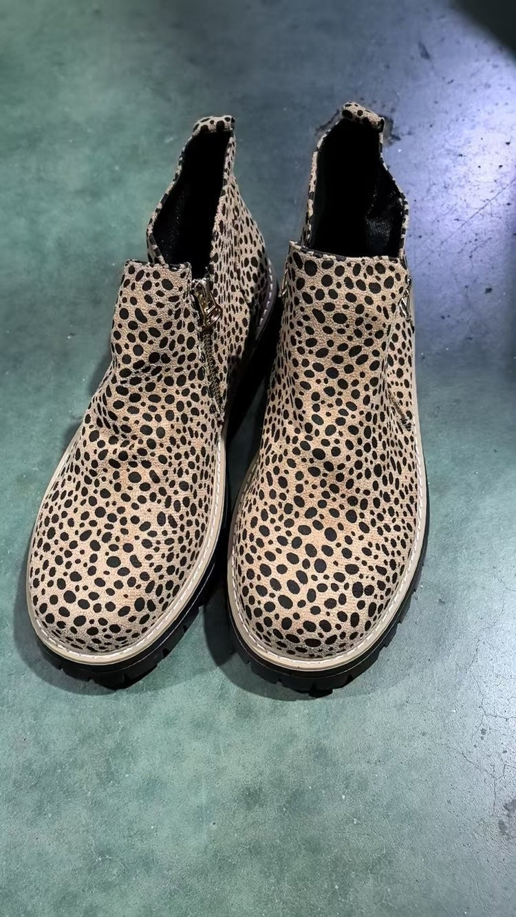 Side Zip Lug Sole Ankle Boots - Leopard