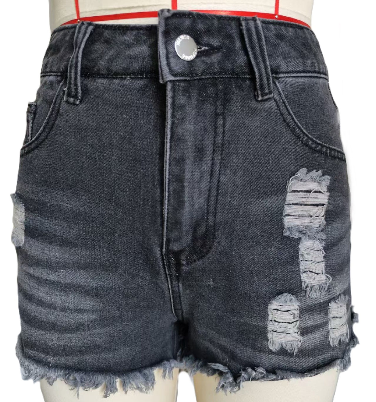 High Rise Ripped Raw Hem Denim Shorts - Black