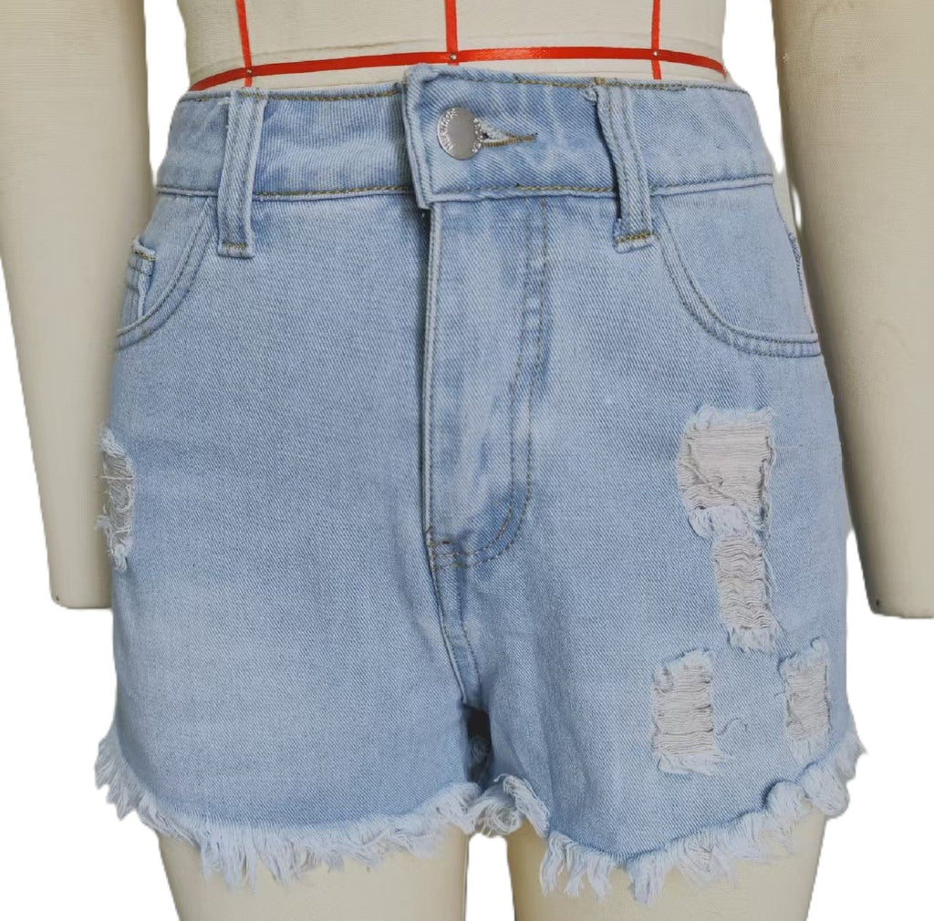 High Rise Ripped Raw Hem Denim Shorts - Blue
