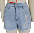 High Rise Ripped Raw Hem Denim Shorts - Blue