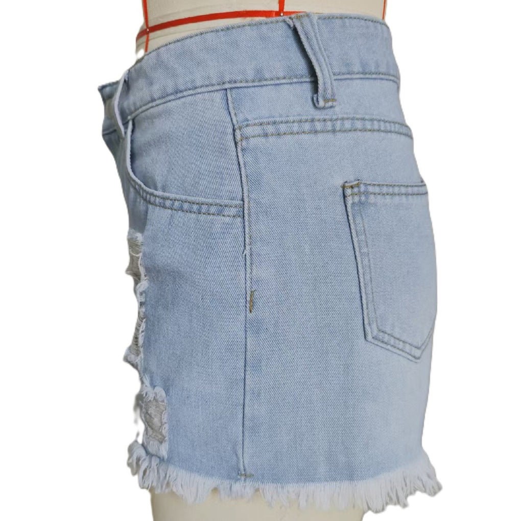 High Rise Ripped Raw Hem Denim Shorts - Blue - 1