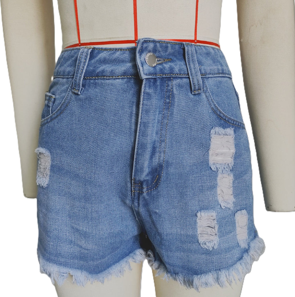 High Rise Ripped Raw Hem Denim Shorts - Darkblue