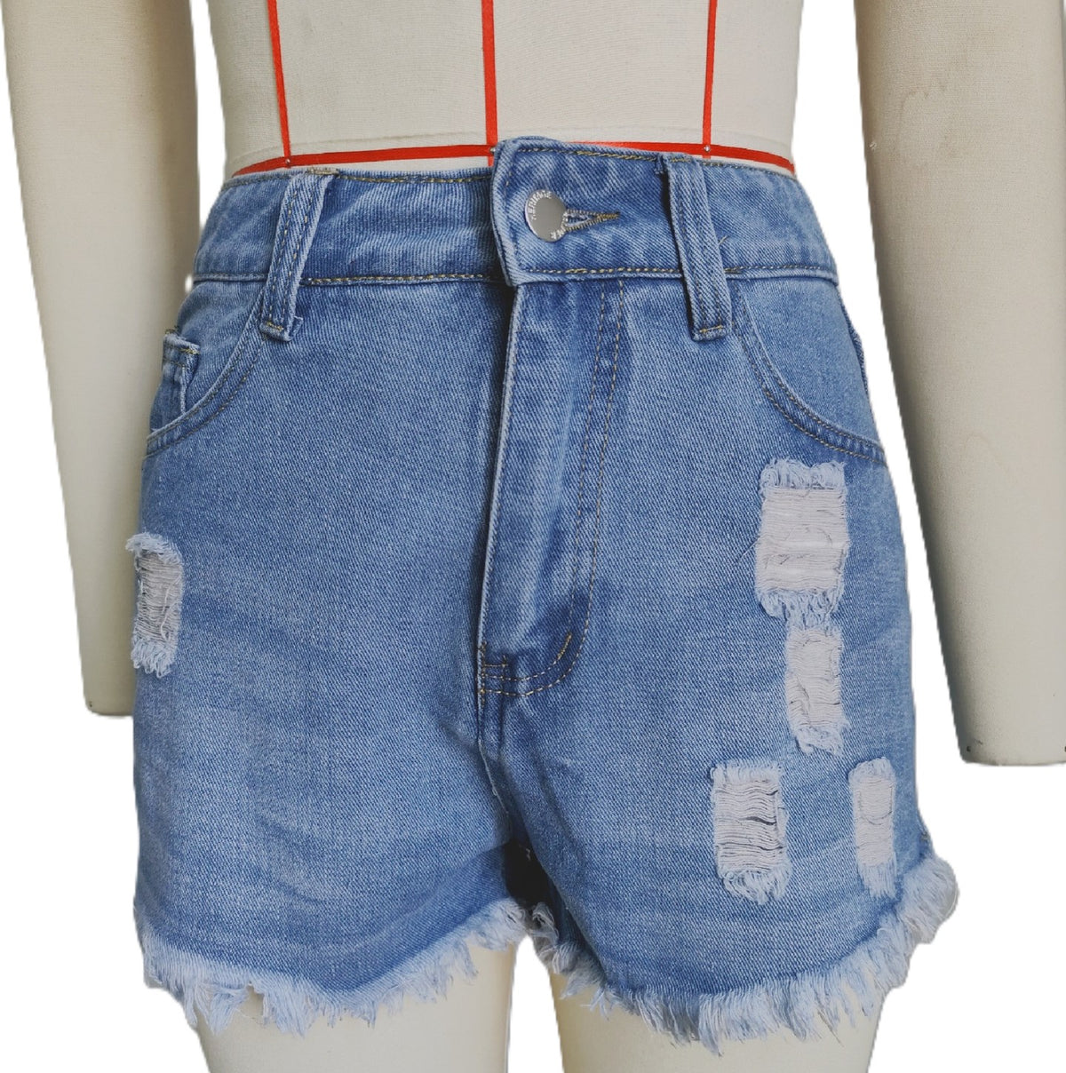 High Rise Ripped Raw Hem Denim Shorts - Darkblue