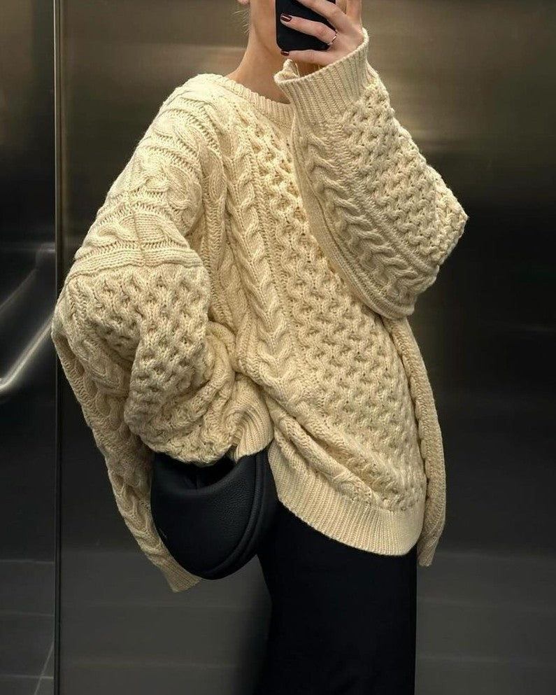 Oversized Cable Knit Sweater Side Splits - Beige