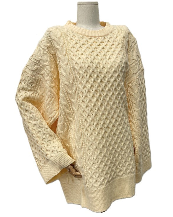 Oversized Cable Knit Sweater Side Splits - Beige - 1
