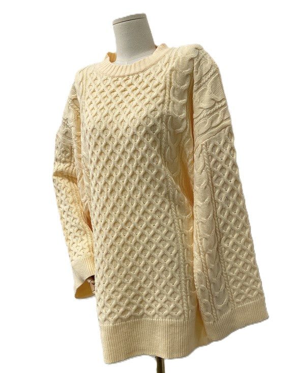 Oversized Cable Knit Sweater Side Splits - Beige - 2