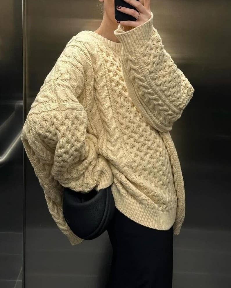 Oversized Cable Knit Sweater Side Splits