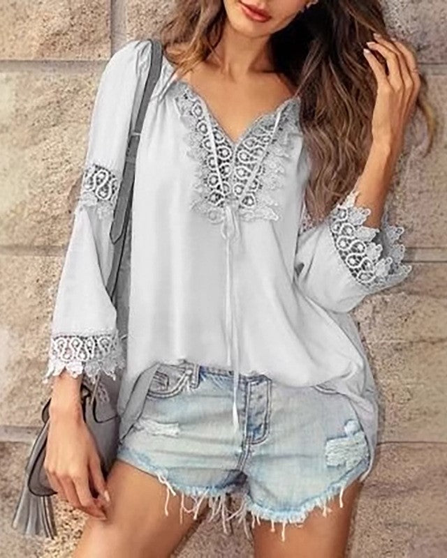 Crochet V Neck Bell Sleeve Boho Blouse - White