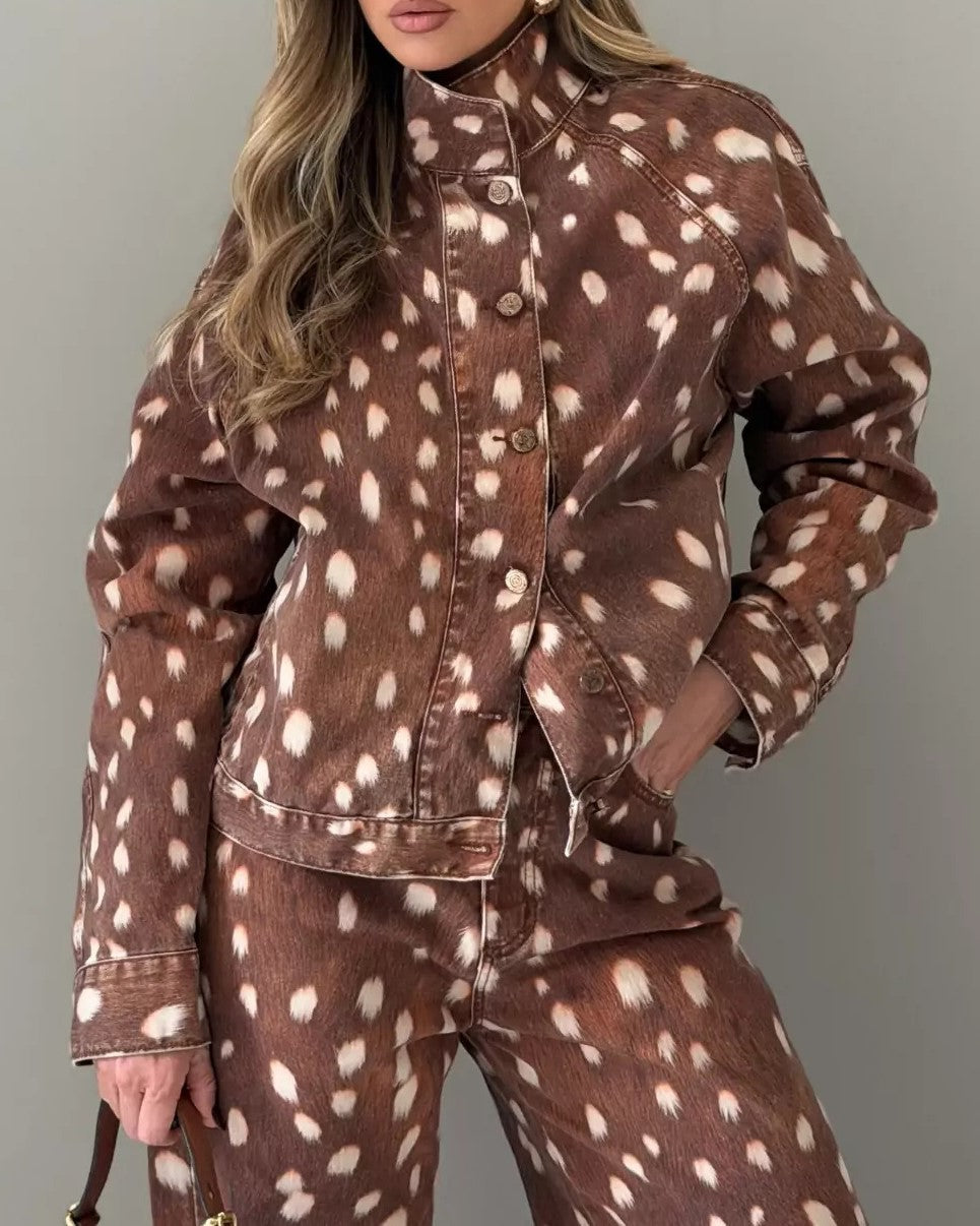Fawn Spot Print Washed Denim Jacket - Brown