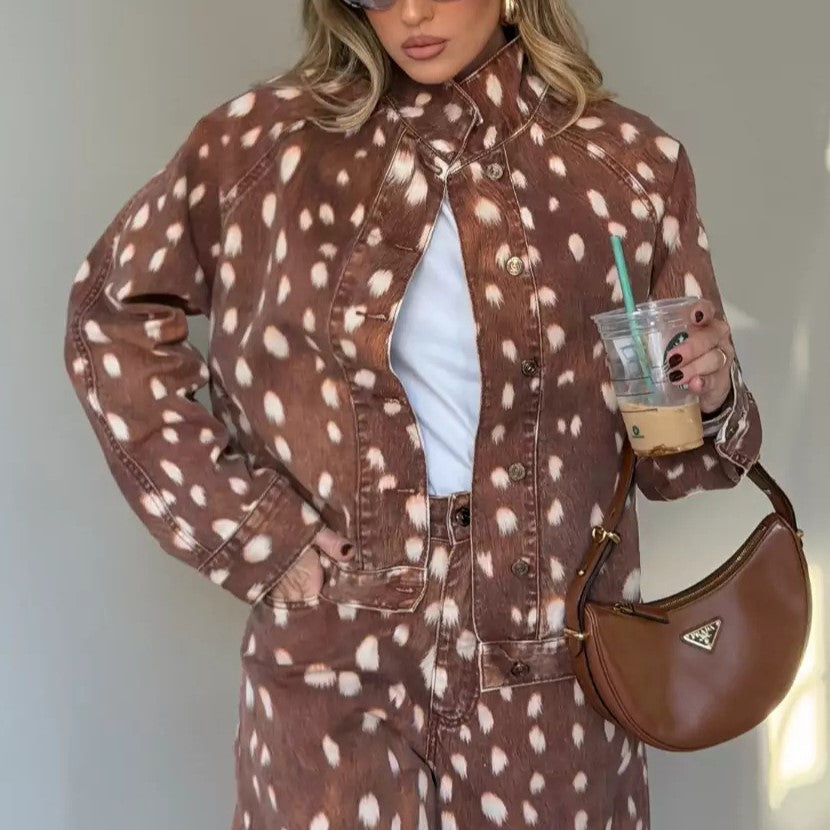 Fawn Spot Print Washed Denim Jacket - Brown - 2