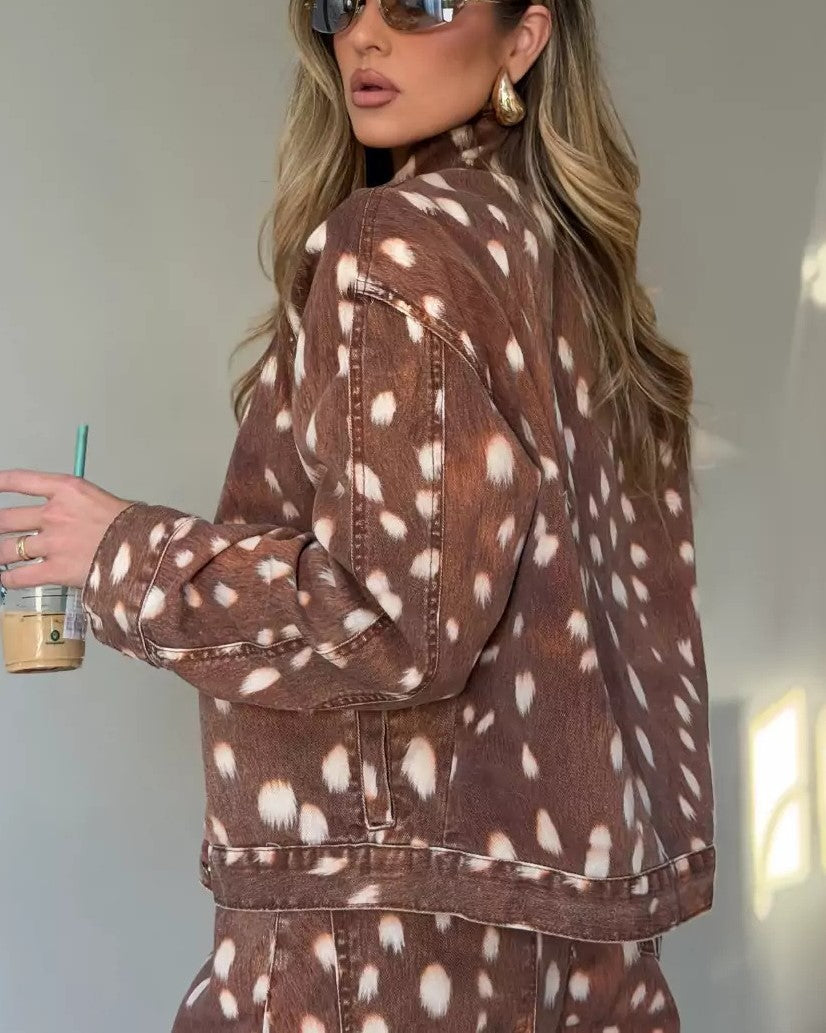 Fawn Spot Print Washed Denim Jacket - Brown - 3