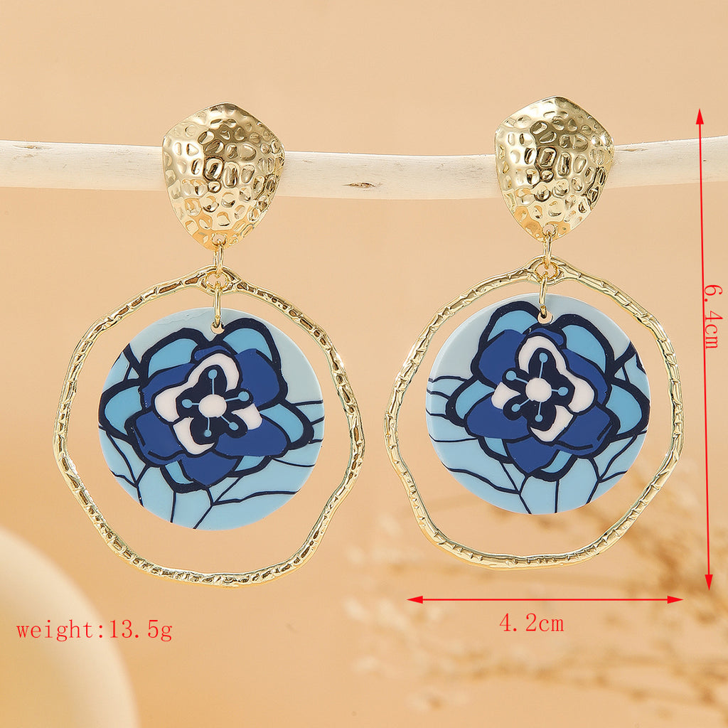 Painted Clay Disc Hoop Drop Earrings - B