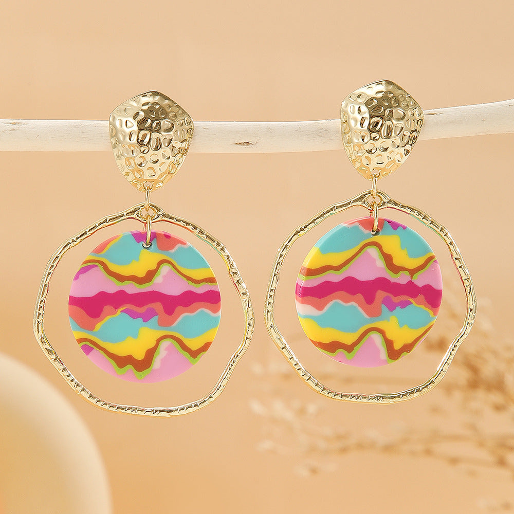 Painted Clay Disc Hoop Drop Earrings - C