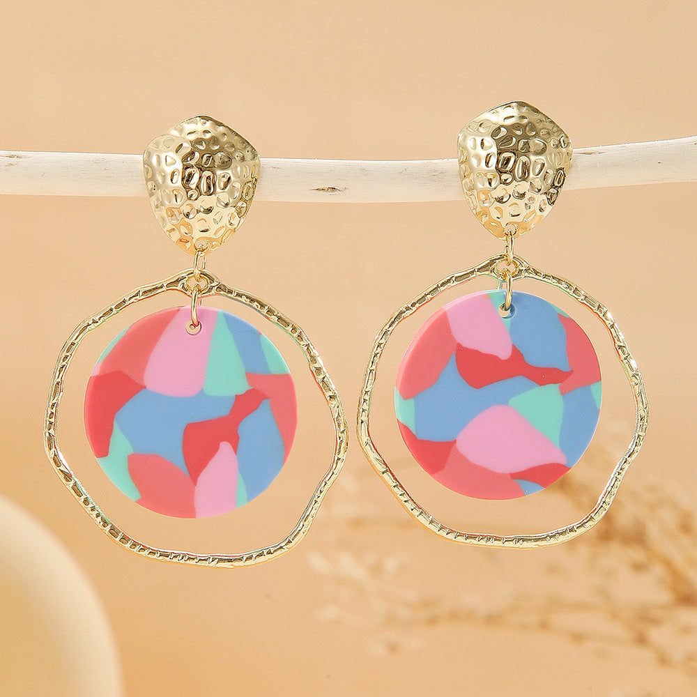 Painted Clay Disc Hoop Drop Earrings - D