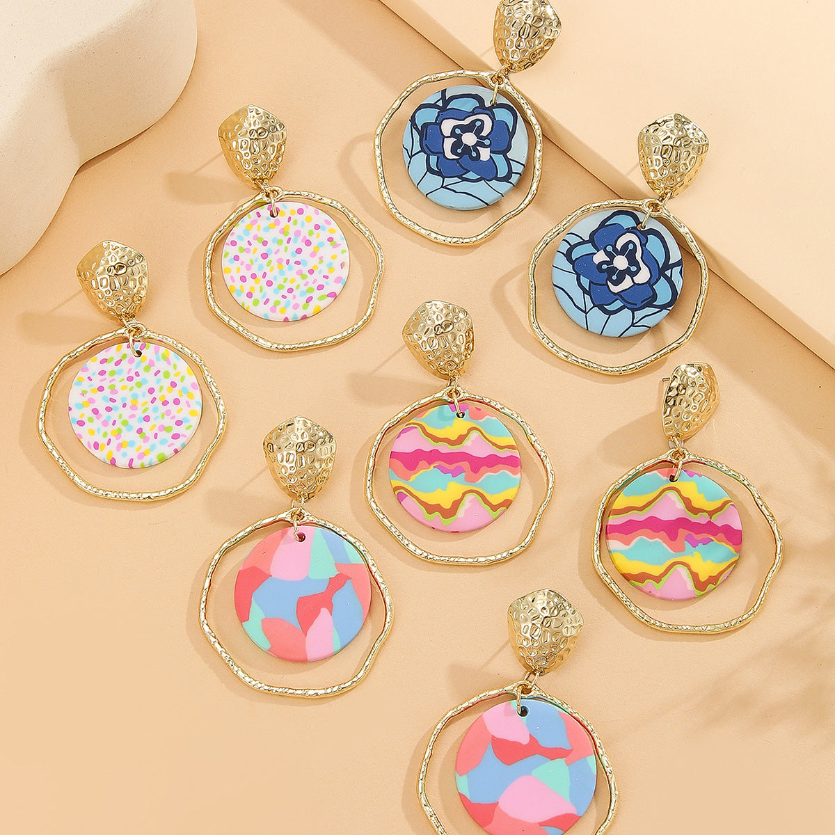 Painted Clay Disc Hoop Drop Earrings - D - 1