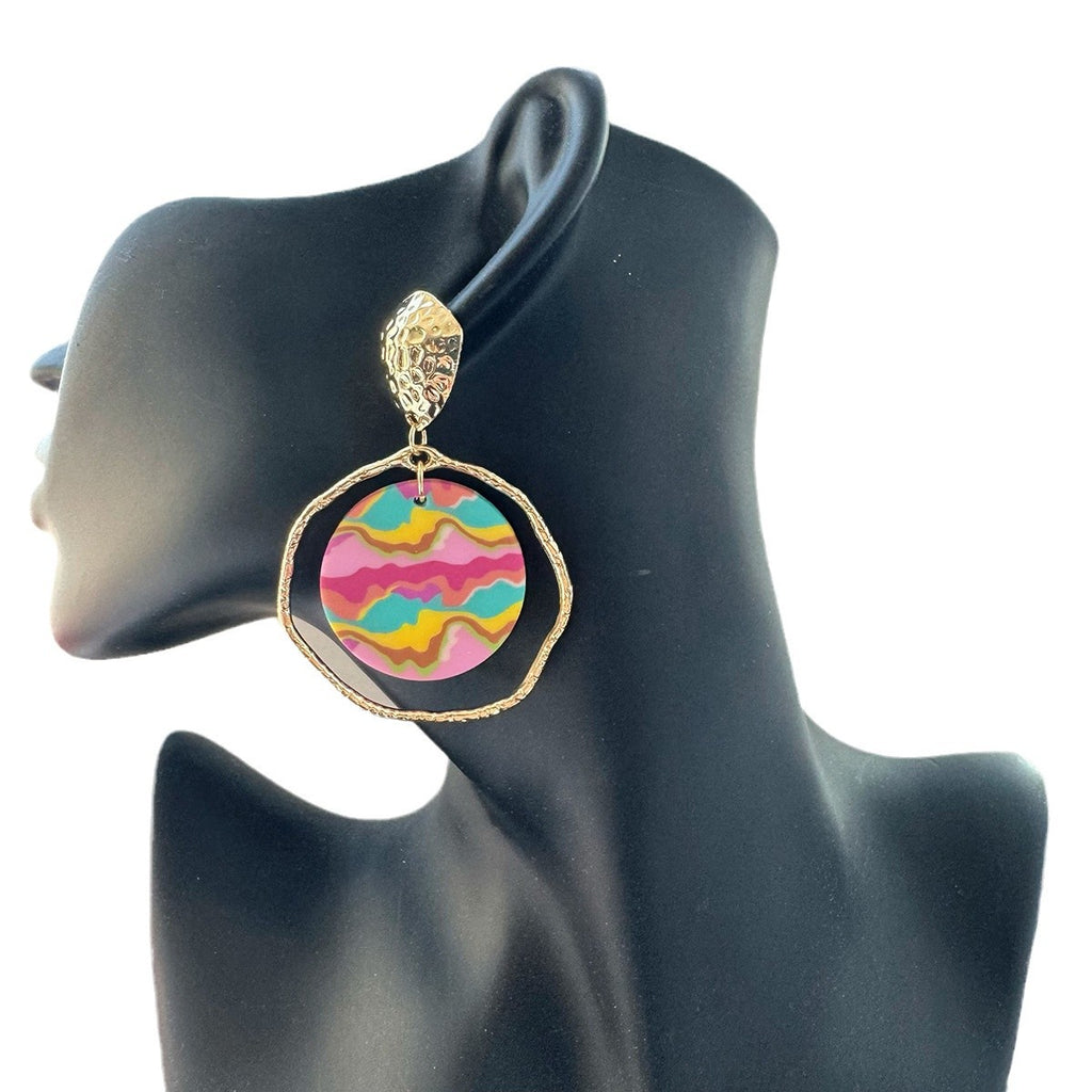 Painted Clay Disc Hoop Drop Earrings - view 1