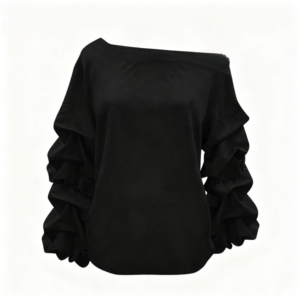 Satin Tiered Ruffle Sleeve Boat Neck Blouse - Black