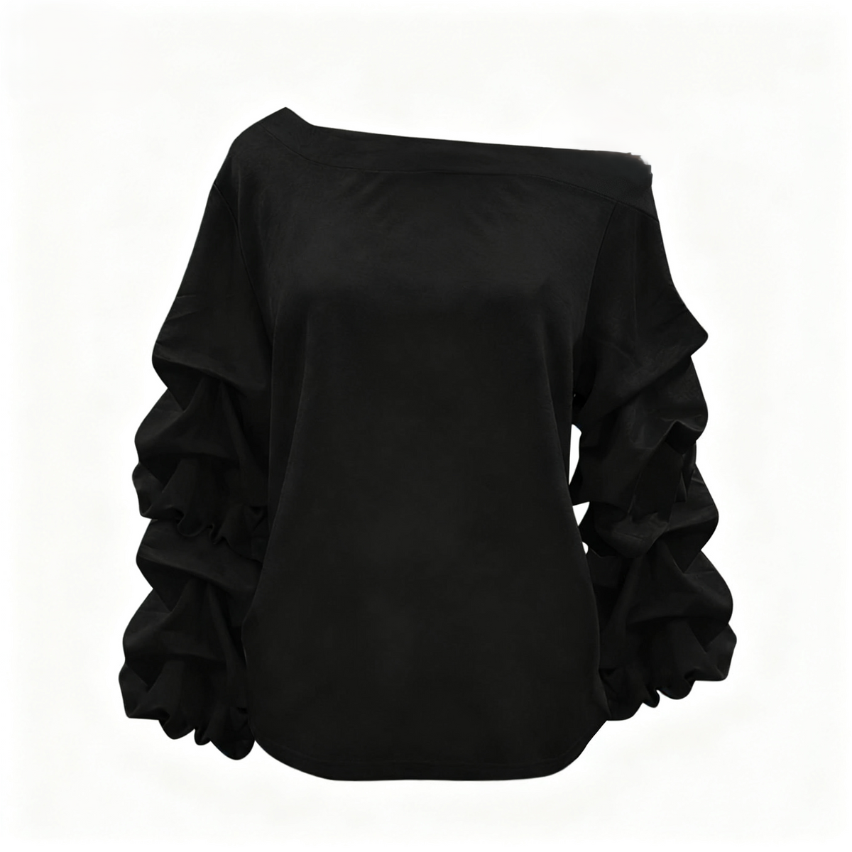 Satin Tiered Ruffle Sleeve Boat Neck Blouse - Black