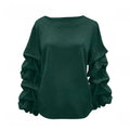 Satin Tiered Ruffle Sleeve Boat Neck Blouse - DkGreen