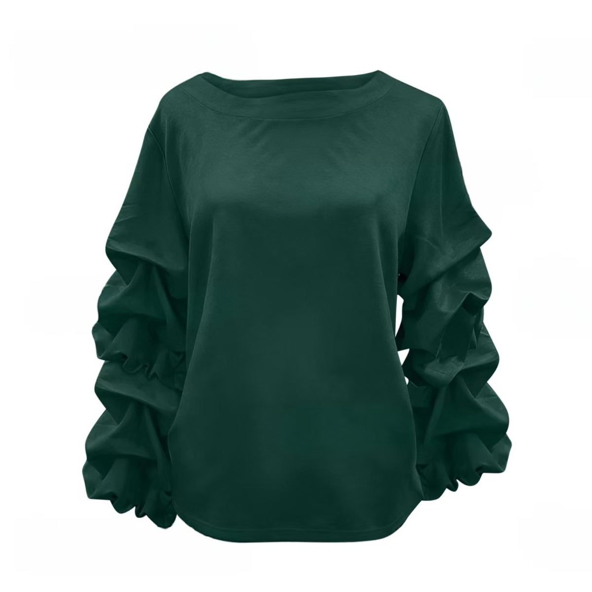 Satin Tiered Ruffle Sleeve Boat Neck Blouse - DkGreen