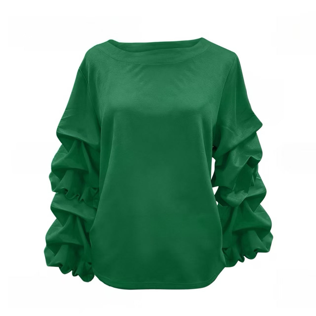 Satin Tiered Ruffle Sleeve Boat Neck Blouse - Green