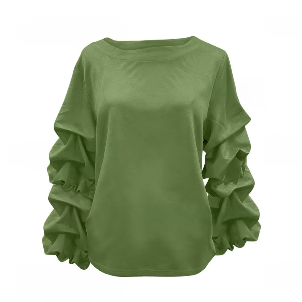 Satin Tiered Ruffle Sleeve Boat Neck Blouse - Olive