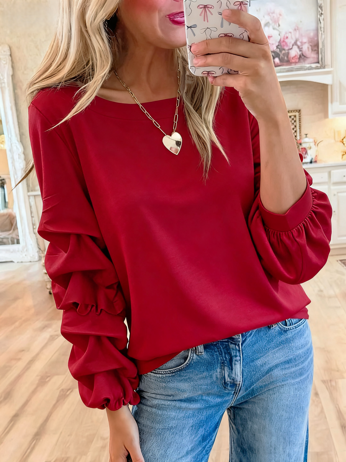 Satin Tiered Ruffle Sleeve Boat Neck Blouse - Red