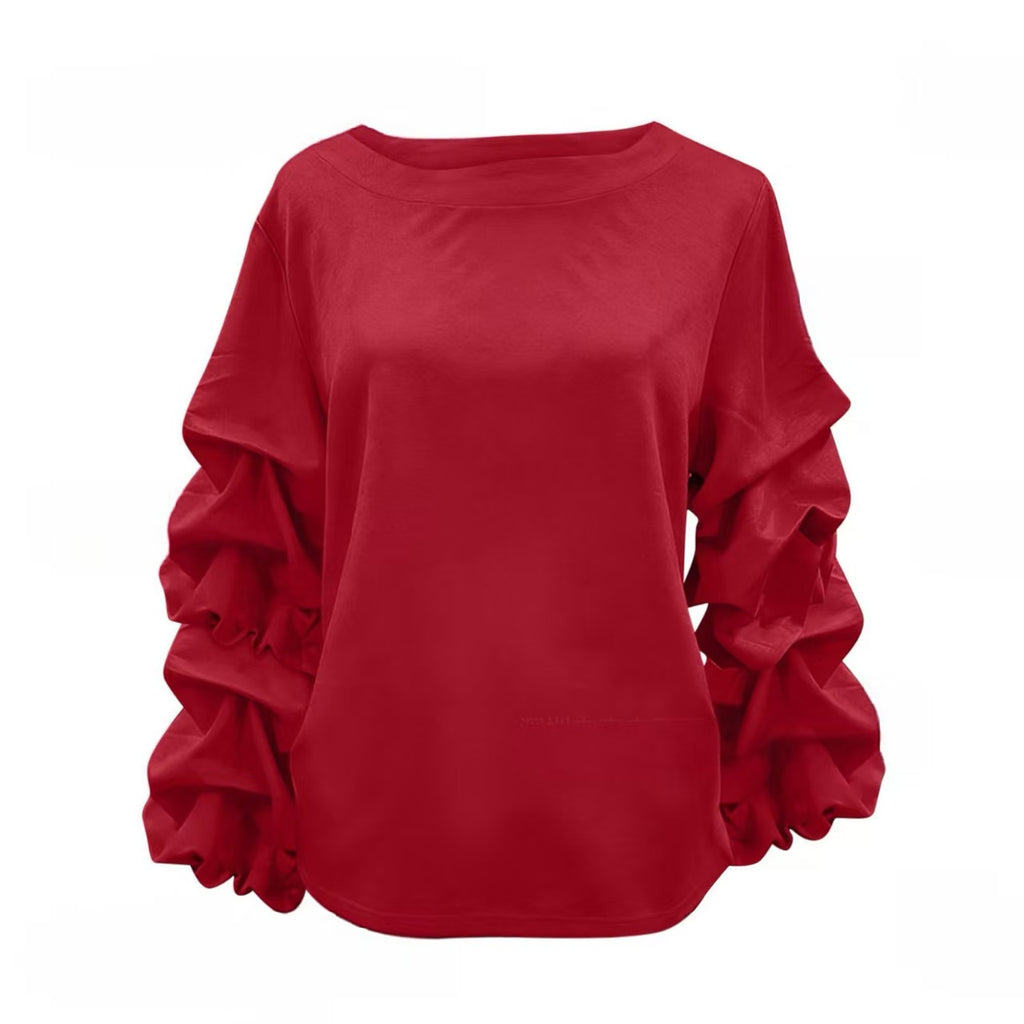 Satin Tiered Ruffle Sleeve Boat Neck Blouse - Red - 1