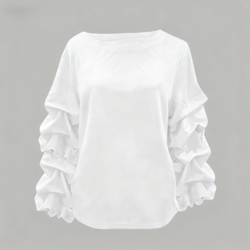 Satin Tiered Ruffle Sleeve Boat Neck Blouse - White