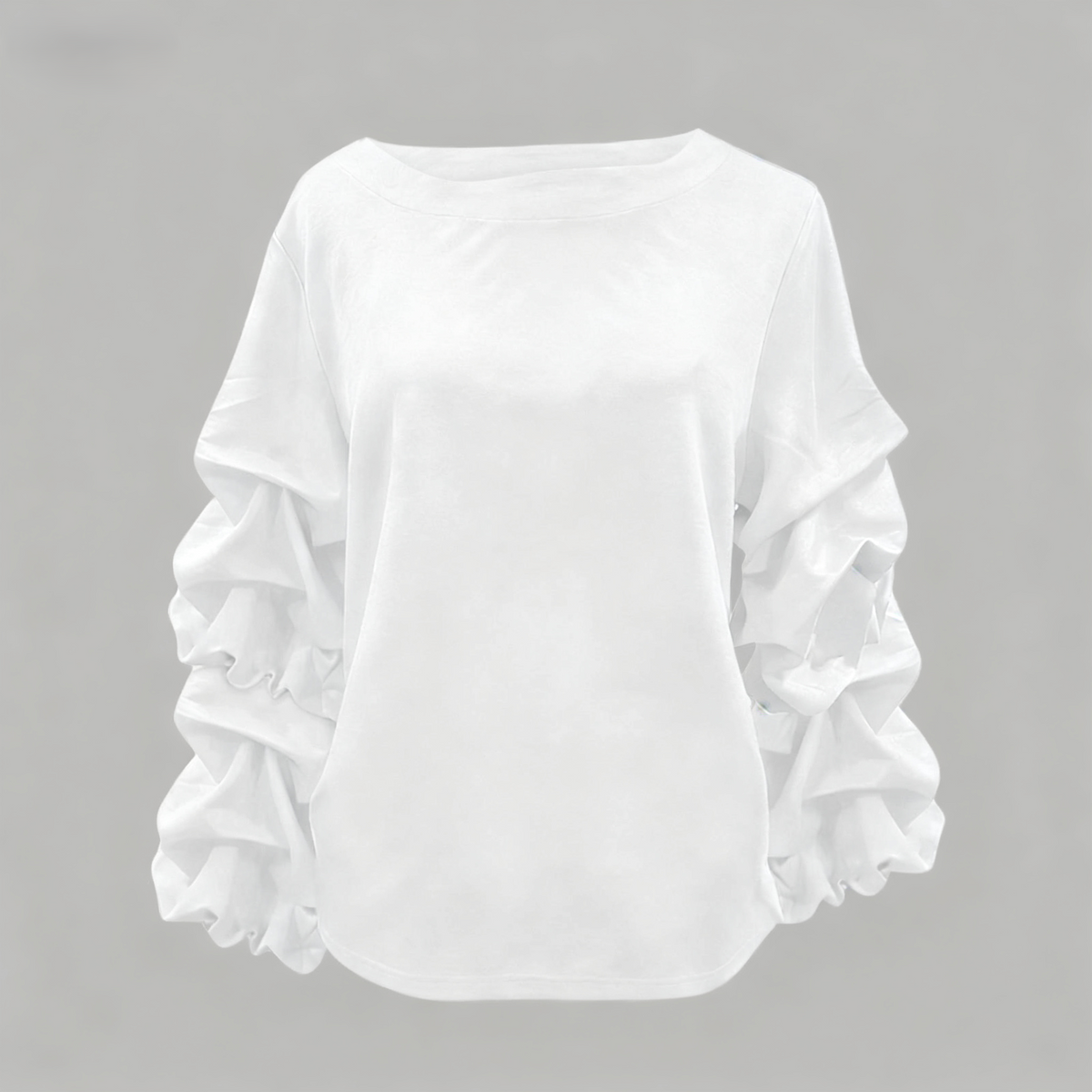 Satin Tiered Ruffle Sleeve Boat Neck Blouse - White