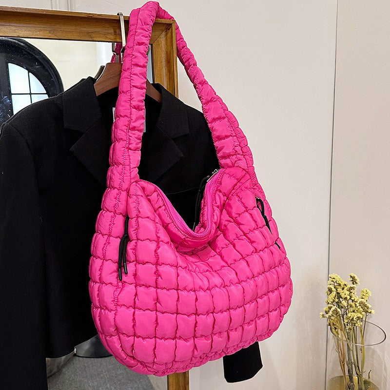 Oversized Quilted Puffer Hobo Bag - Hot Pink