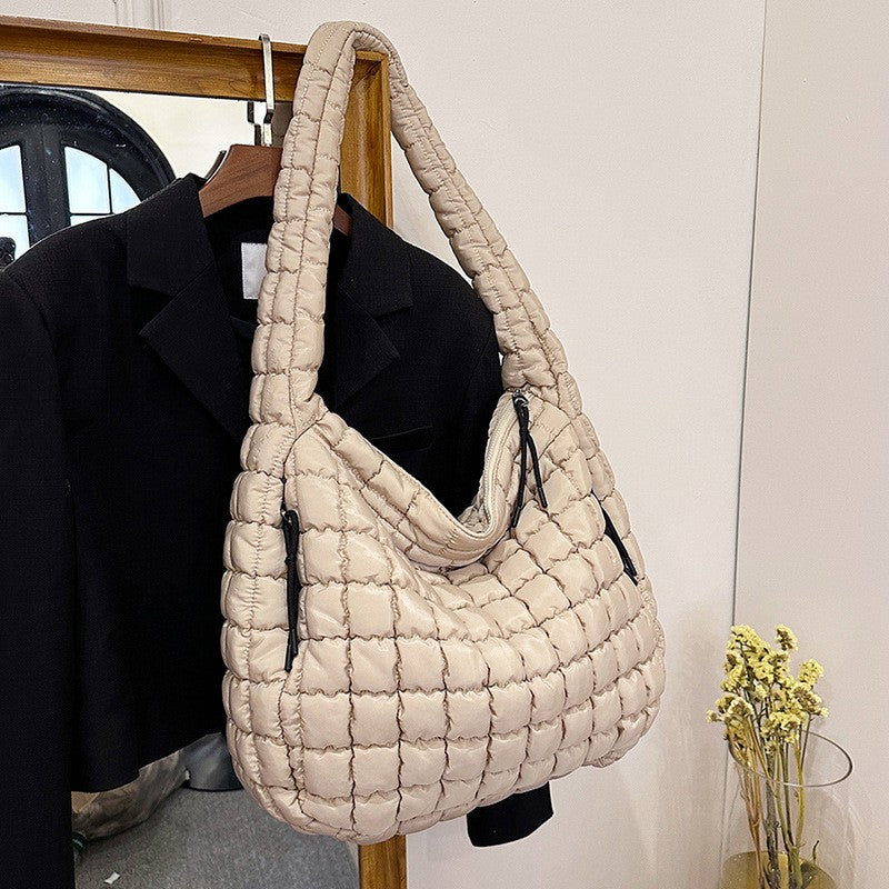 Oversized Quilted Puffer Hobo Bag - Khaki