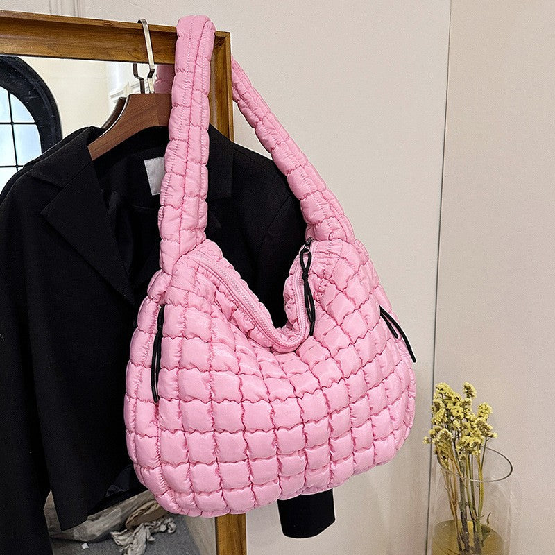 Oversized Quilted Puffer Hobo Bag - Light Pink