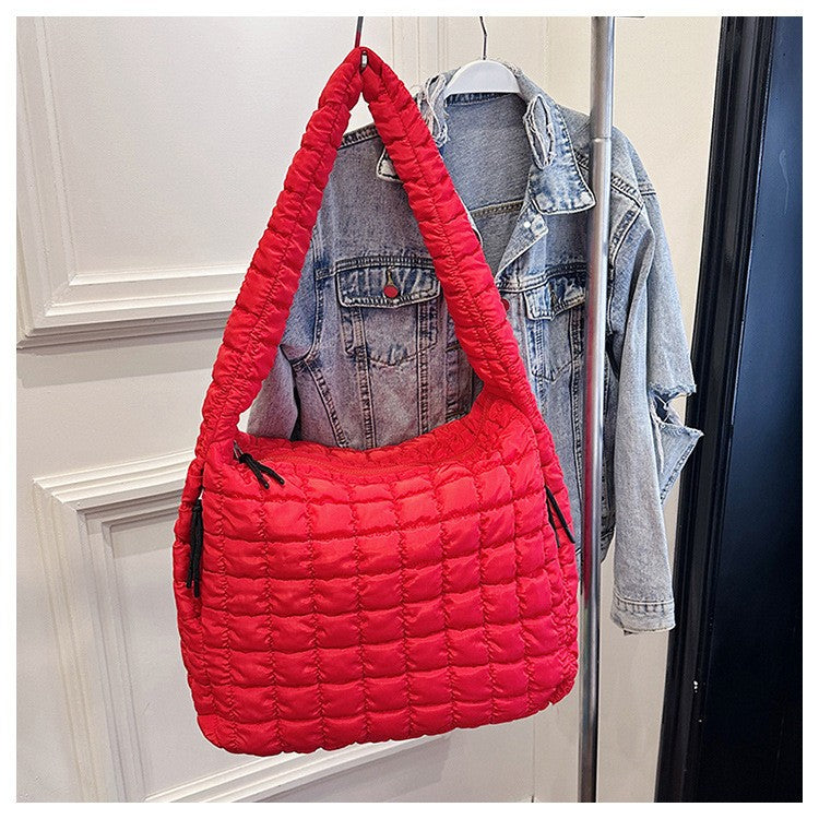 Oversized Quilted Puffer Hobo Bag - Red