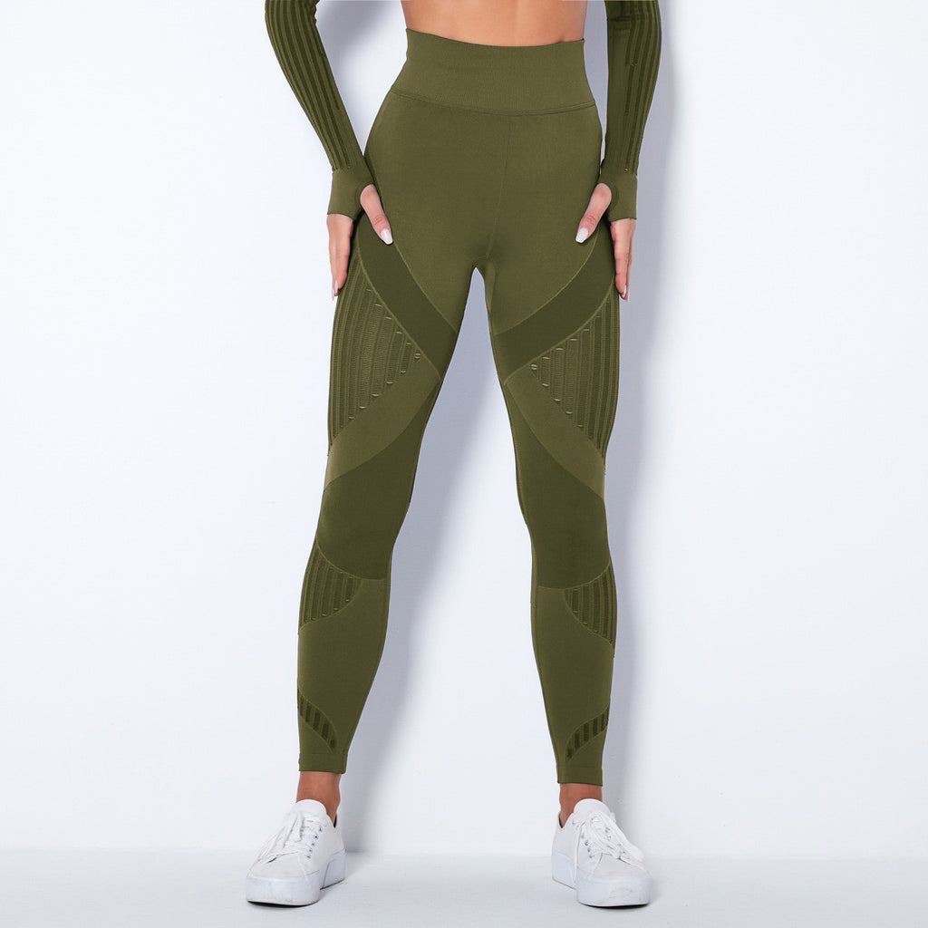 Seamless Mesh Panel High Waist Workout Leggings - Army Green