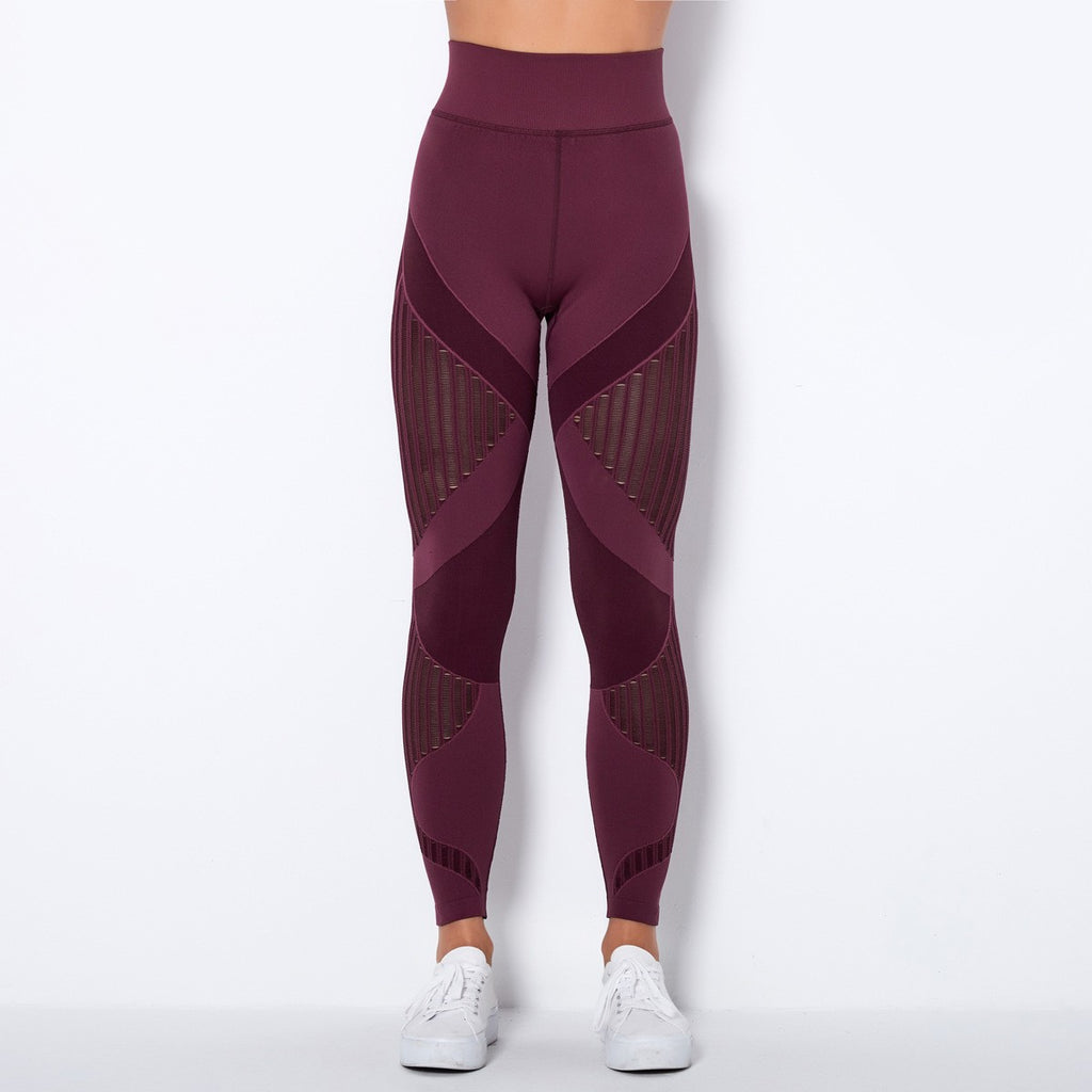 Seamless Mesh Panel High Waist Workout Leggings - Burgundy